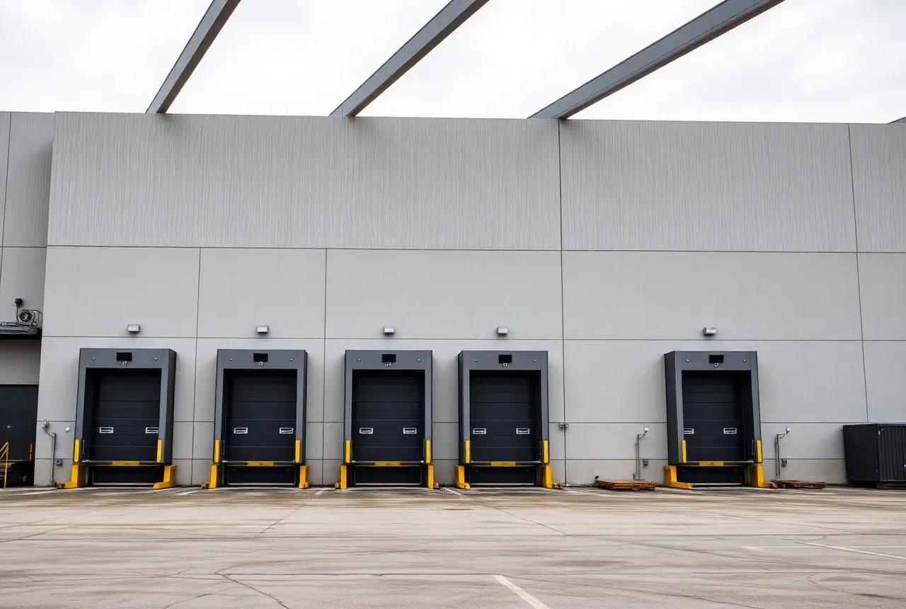 Instalación industrial con estructura metálica y patio de maniobras